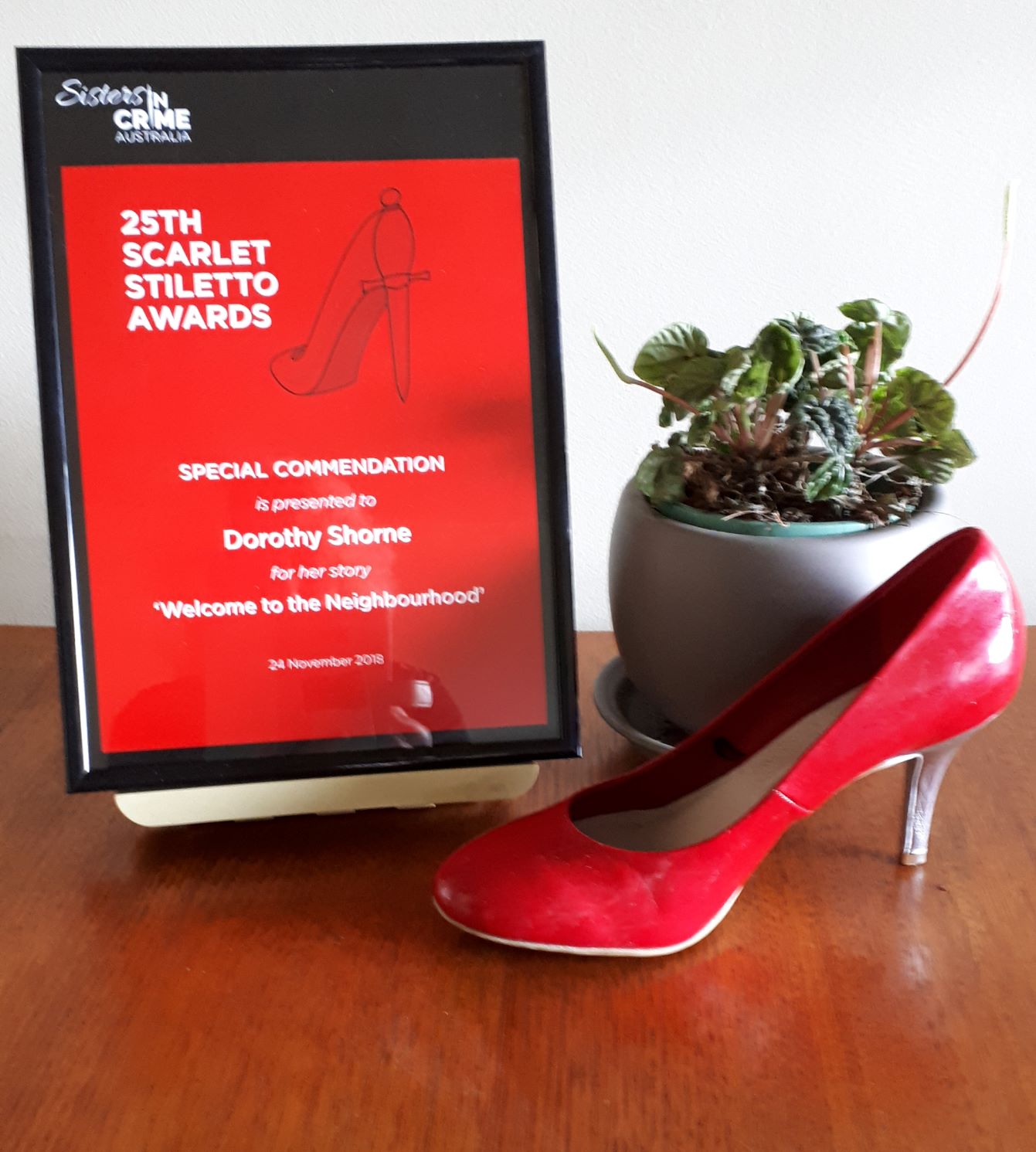 Scarlet Stiletto Award for my short story.